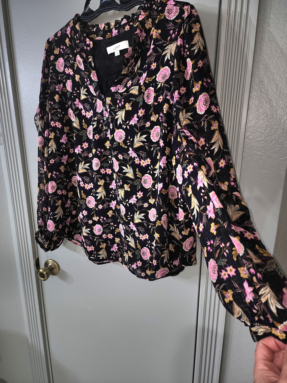 LOFT Black Blouse with Pink Floral Print and Cream Accents